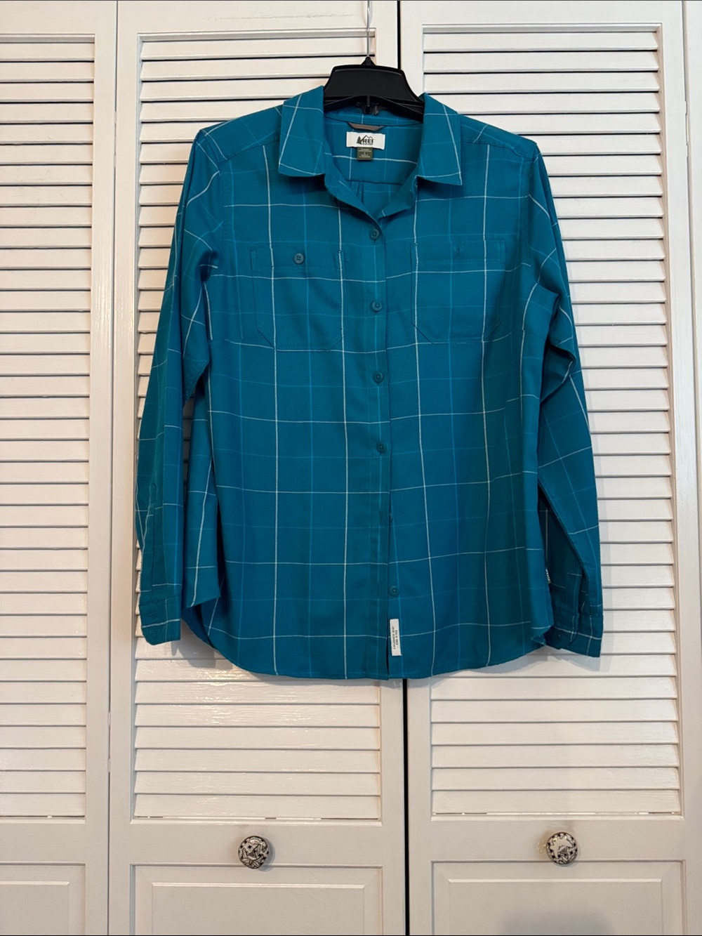 REI Teal Plaid Long-Sleeve Button-Up Shirt